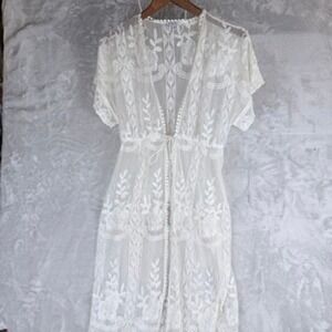 Indie Boho Cottagecore White Lace Kimono Duster Bohemian Beach Cover Up Kimono S
